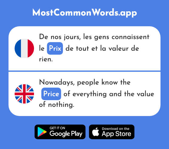 Prix - Price, prize (Le 310 Mot Le Plus Commun En English)